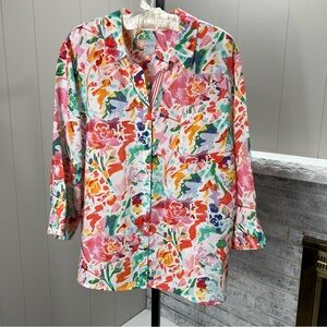 Chico's Linen White Abstract Floral Multicolor Print Button Up Blouse 4 20 22